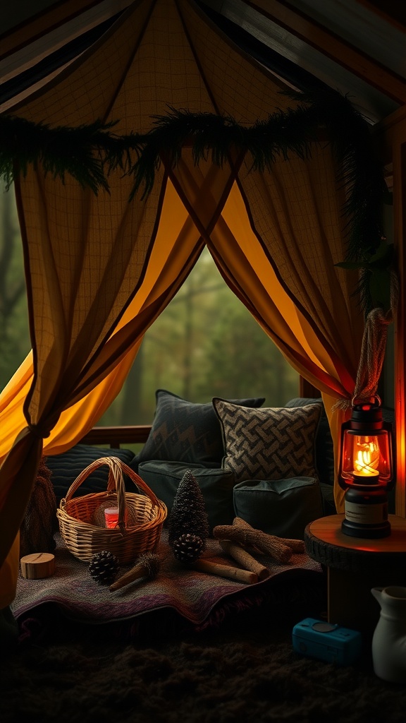 A cozy camping-themed reading nook with a tent structure, cushions, a lantern, and nature-inspired decor.