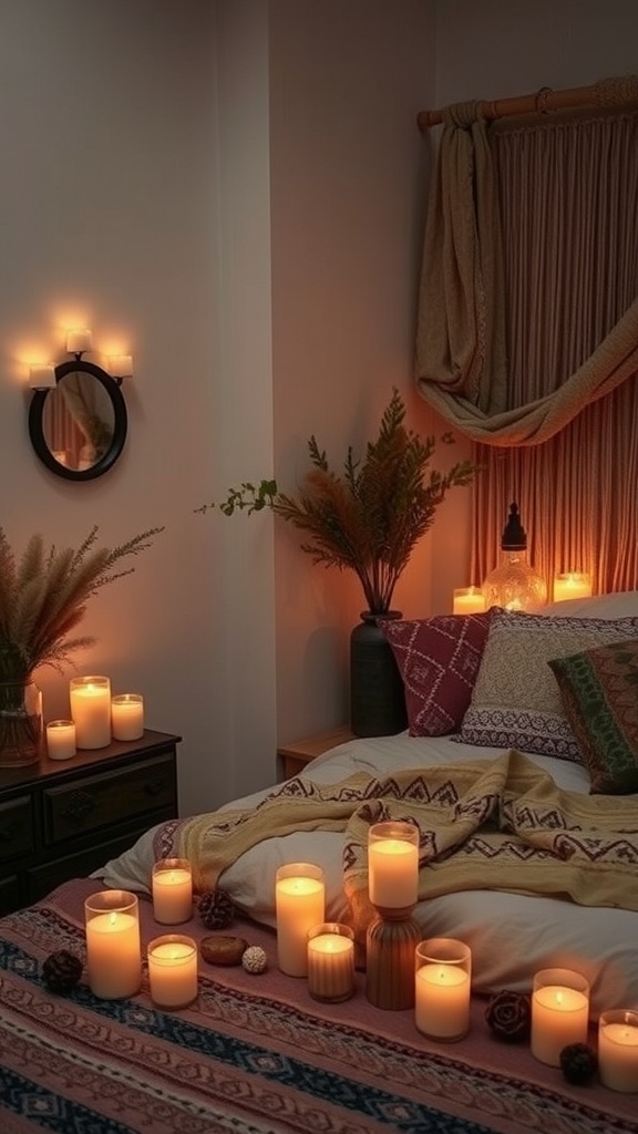 A cozy boho bedroom with multiple candles lit around the bed, creating a warm and inviting atmosphere.