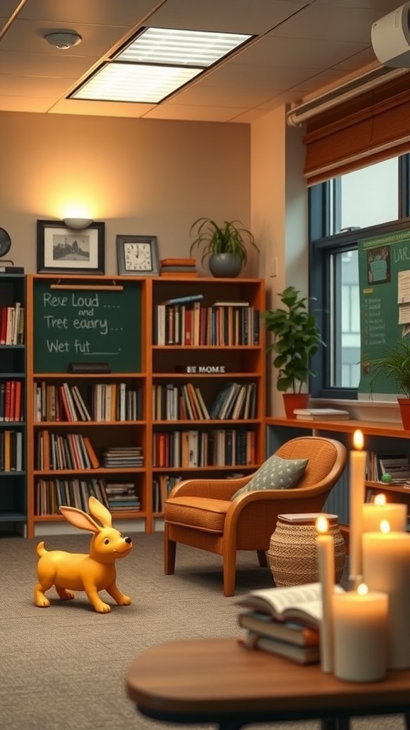 Cozy classroom reading corner with candles, a comfy chair, and bookshelves.