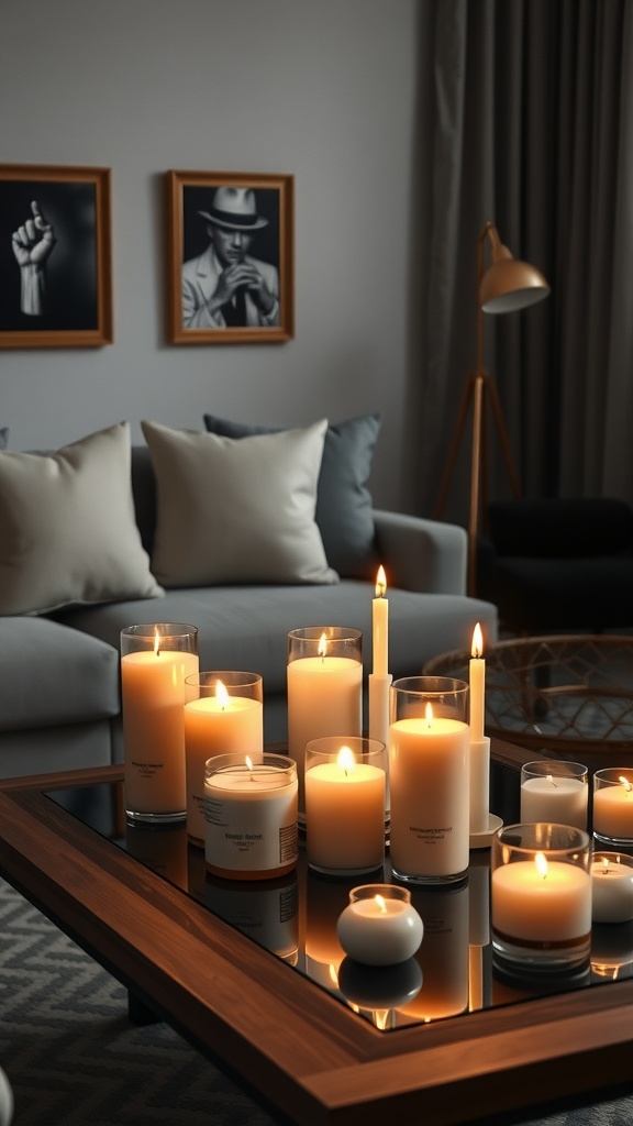 Candles arranged on a coffee table in a living room, creating a relaxing atmosphere