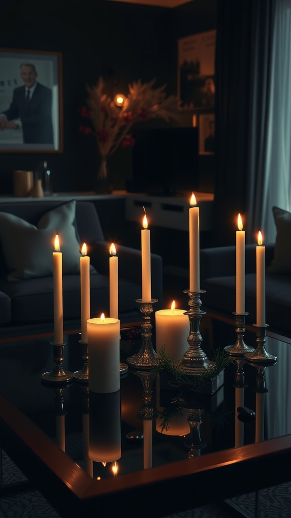 A cozy living room with multiple candles on a glass table, creating a warm lighting effect.