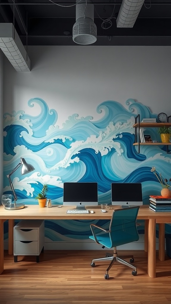A modern workspace featuring a mural of cascading waves in blue and gray, with sleek computers and a stylish chair.