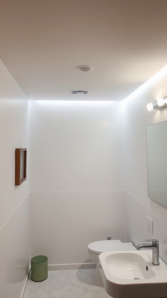 A bathroom with ceiling cove lighting, showcasing a modern design with soft indirect light.