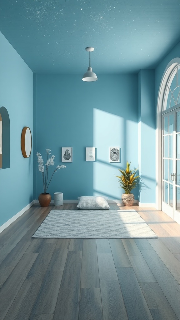 A serene room painted in Celestial Blue, featuring wooden floors, a few decorative items, and bright natural light coming through the window.