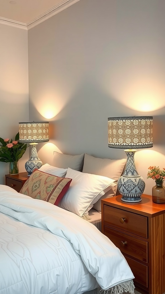 Boho bedroom featuring ceramic table lamps with intricate patterns on bedside tables