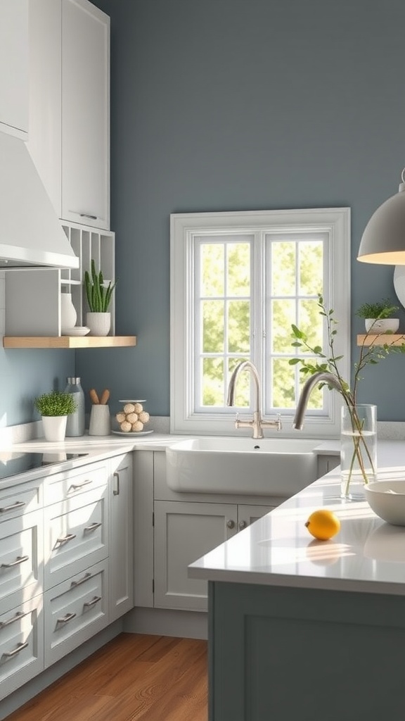 A modern kitchen featuring Cerulean Gray walls, white cabinets, and natural light.