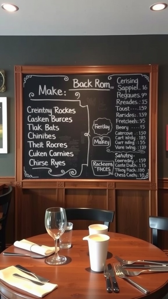 A chalkboard menu with various food items listed, set against a rustic dining room background.