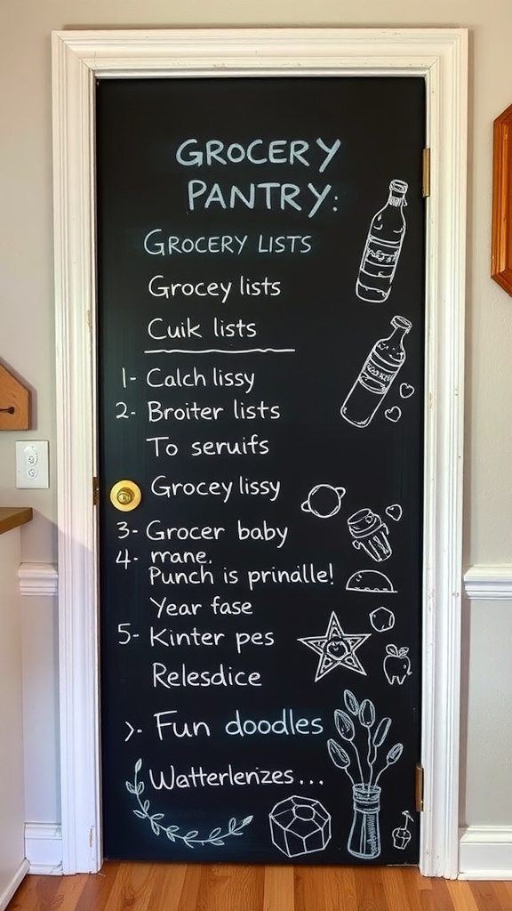 A pantry door painted with chalkboard paint featuring grocery lists and doodles.