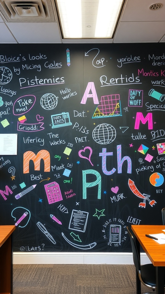 A chalkboard wall filled with colorful drawings and notes in an office setting.