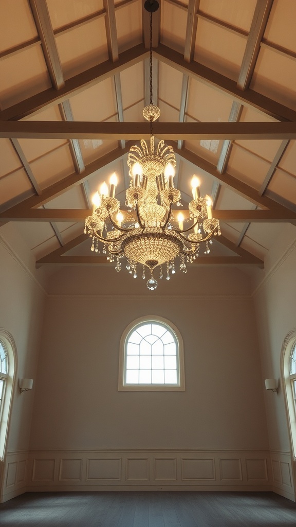 A decorative chandelier hanging from a vaulted ceiling with wooden beams and a large window.