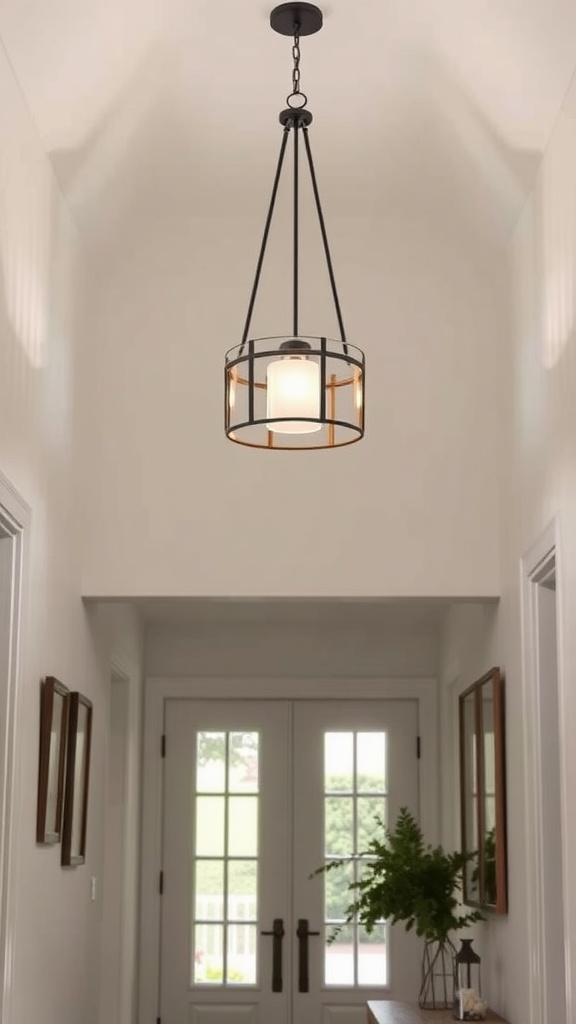 A compact chandelier with a black and copper design hanging in a hallway.