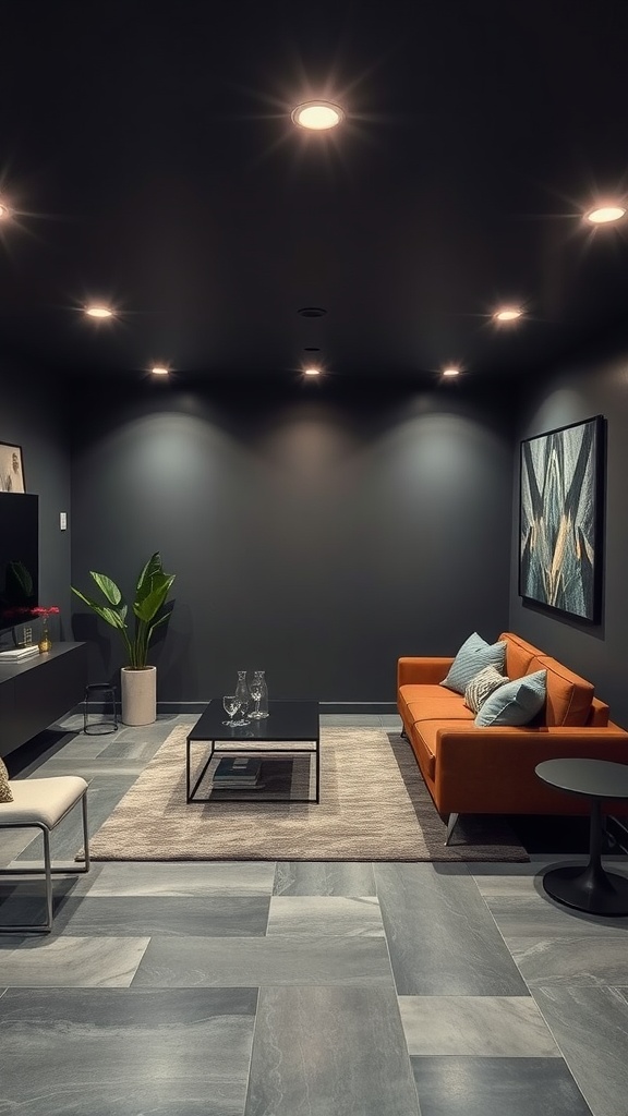 Modern basement with charcoal walls, orange sofa, and stylish decor