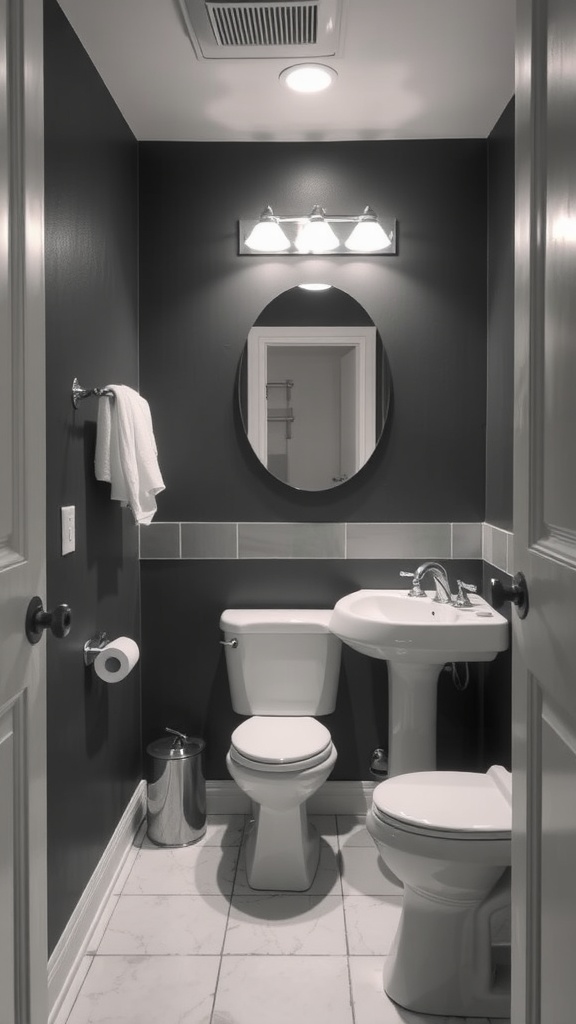 A small bathroom featuring charcoal gray walls and white fixtures.