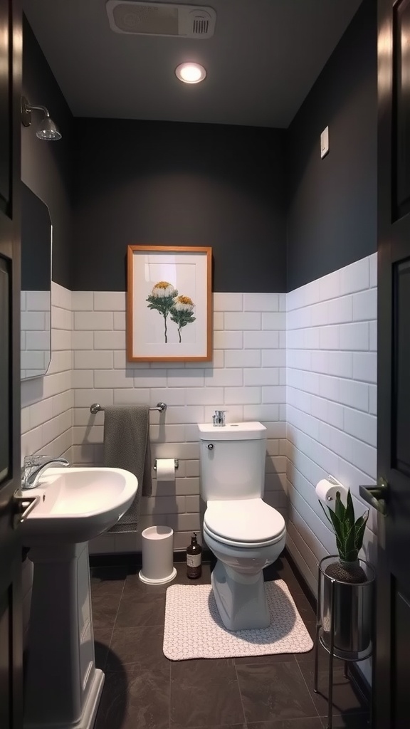 Small bathroom with charcoal gray walls, white tiles, and plants