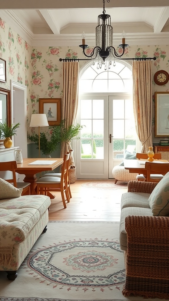 Cozy living room dining room combo with floral wallpaper and elegant chandelier.