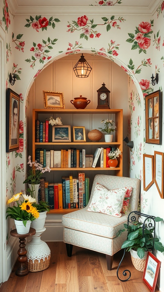 Cozy reading nook with floral patterns, an armchair, and a bookshelf.