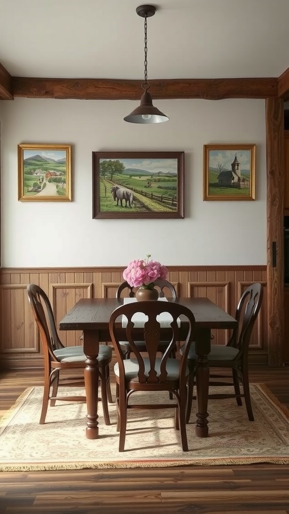 A cozy dining room with rustic wall art and a wooden table arrangement.