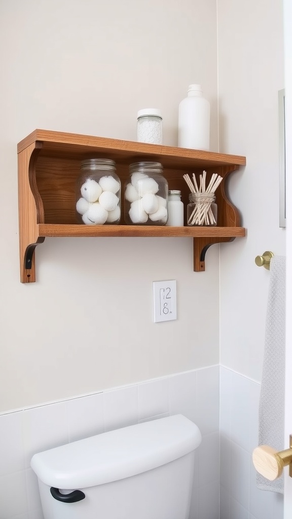 Wooden shelf with mason jars containing cotton balls and bathroom essentials