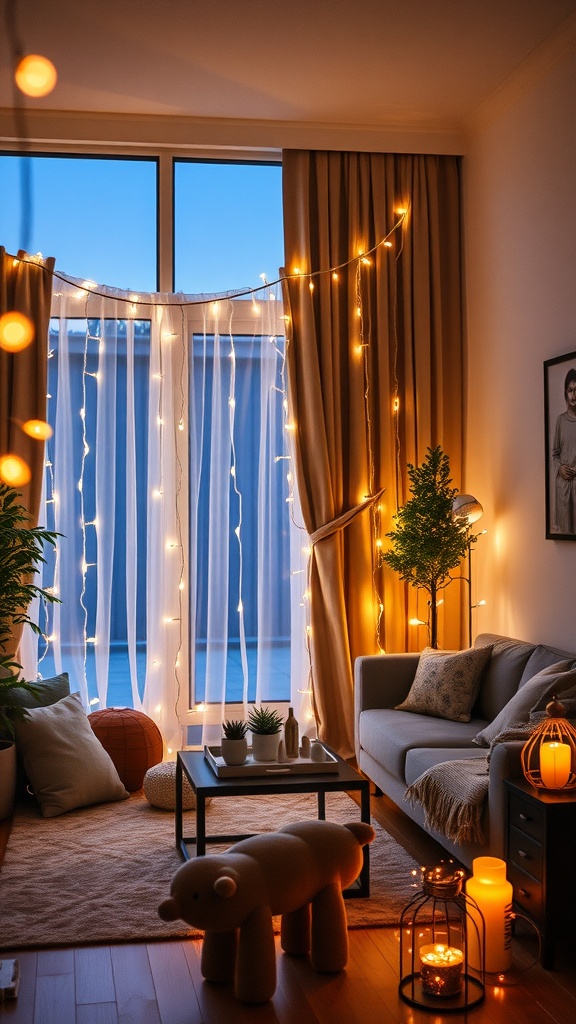 Cozy living room with fairy lights draped over curtains, soft furnishings, and warm lighting