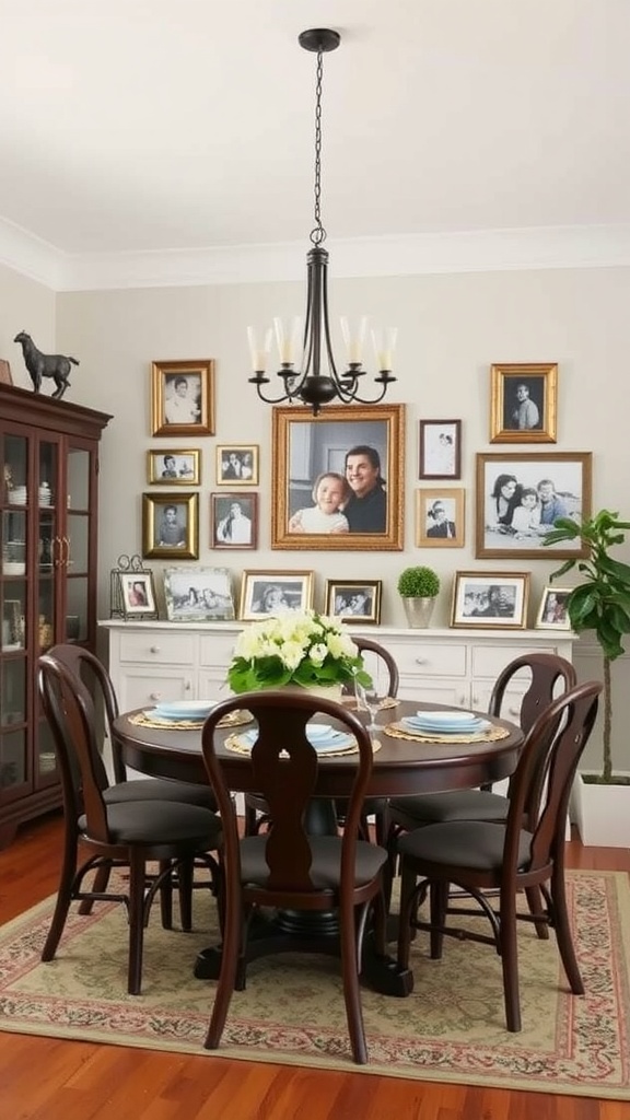 A cozy dining room featuring a round wooden table surrounded by chairs, with a wall of family photos framed in various styles.