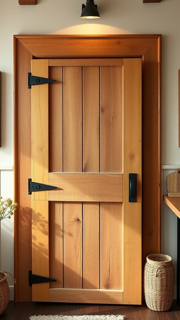 Wooden pantry door with black hardware in a farmhouse setting