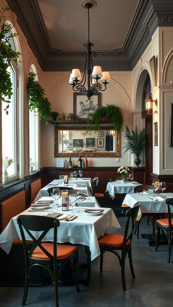 A charming dining room styled like a French bistro, featuring elegant table settings, green plants, and a chandelier.