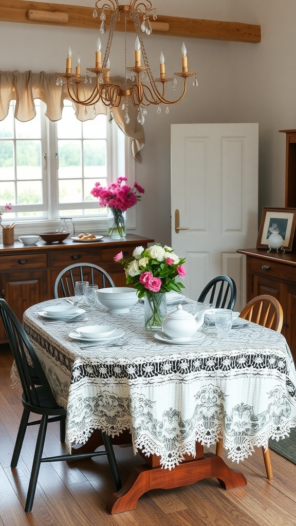 Charming dining room with lace tablecloth and flower centerpiece