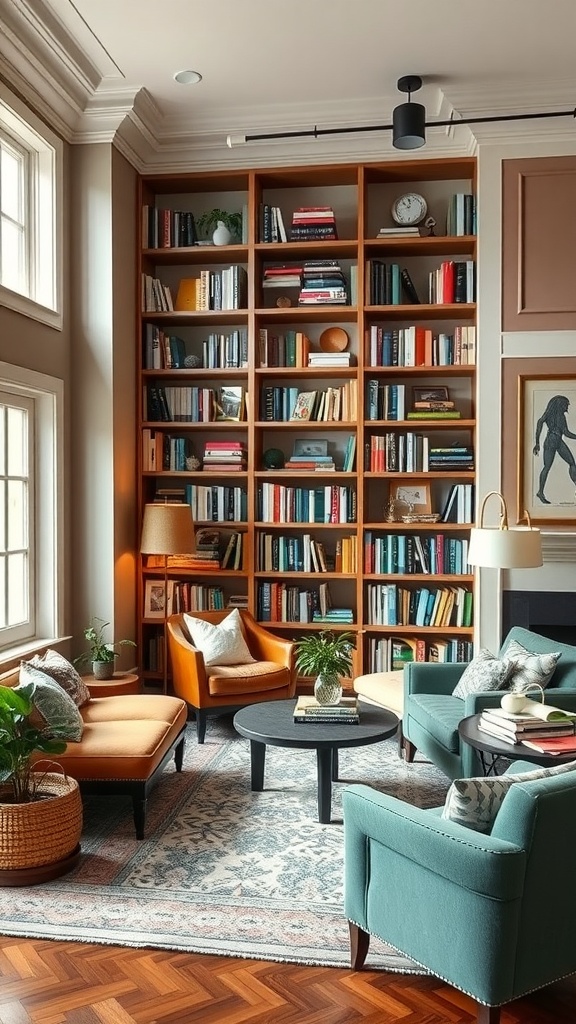 Cozy library with colorful bookshelves, comfortable seating, and natural light.