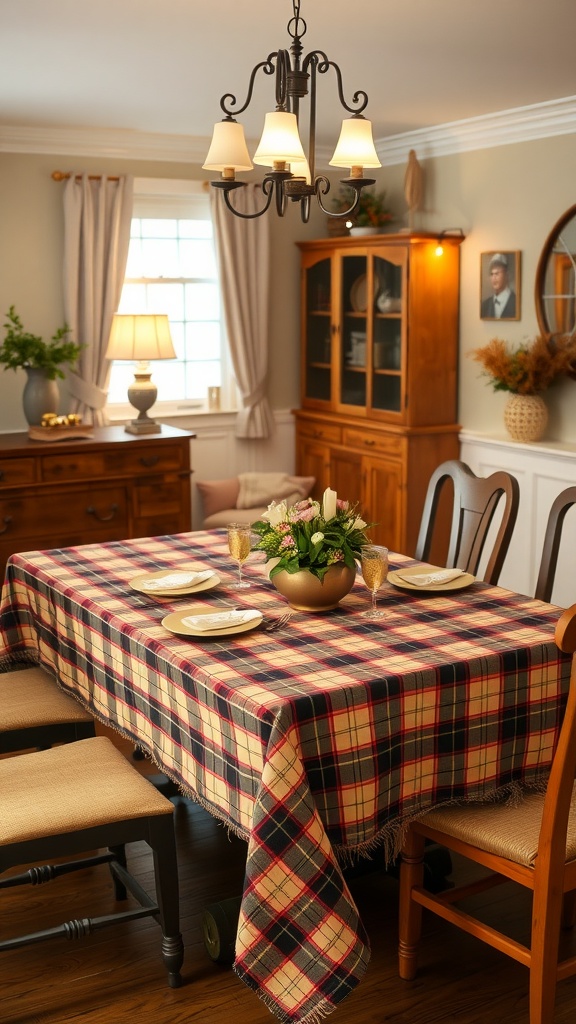 A cozy dining room with a plaid tablecloth setting