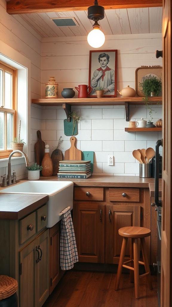 A cozy rustic tiny kitchen with wooden cabinets, open shelves, a farmhouse sink, and vintage decor.