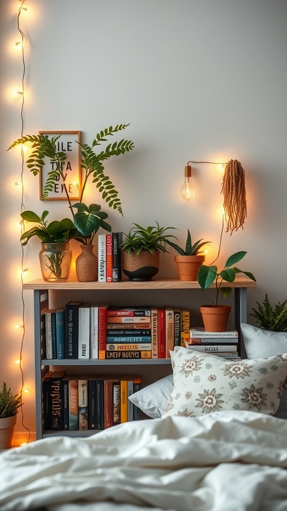 A cozy shelf display with books, plants, and warm fairy lights in a bedroom