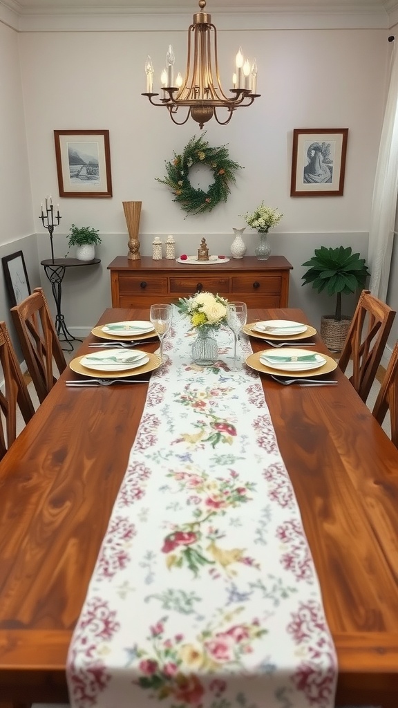 A charming dining table with a floral table runner, wooden chairs, and elegant tableware.