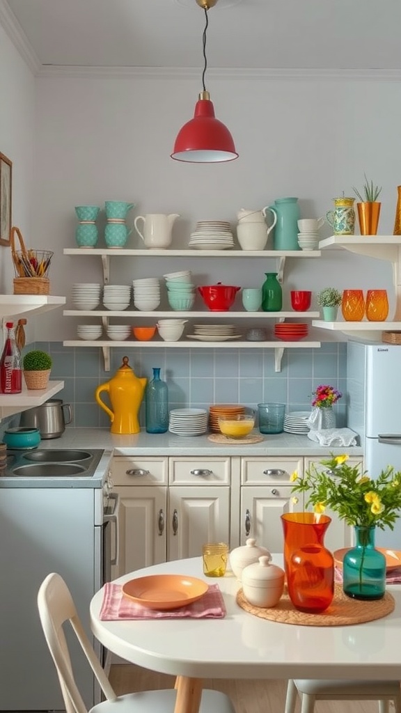 A colorful kitchen with open shelves displaying various tableware and a small dining table.