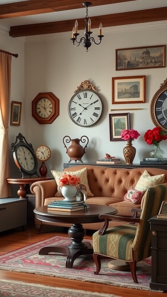 A cozy living room featuring a tufted sofa, colorful pillows, multiple vintage clocks on the wall, and a decorative coffee table with flowers.