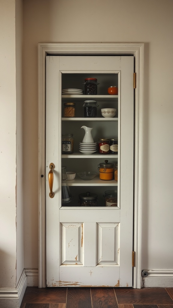 Vintage pantry door with glass inserts showing jars and dishes inside.