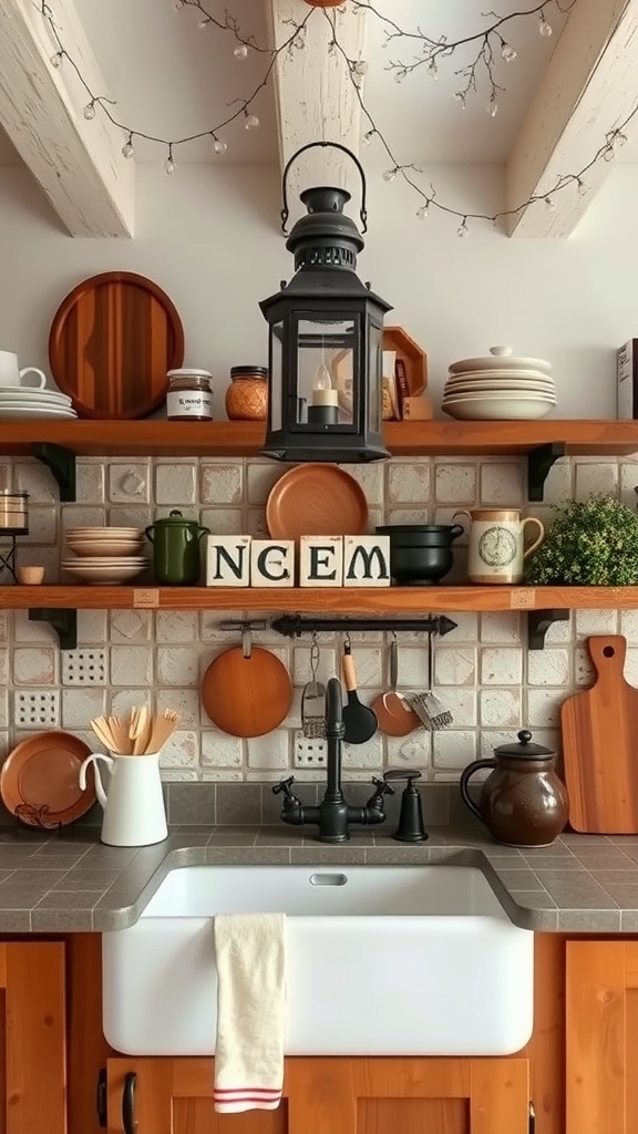 A vintage black lantern hanging above a kitchen sink with wooden shelves filled with kitchenware.