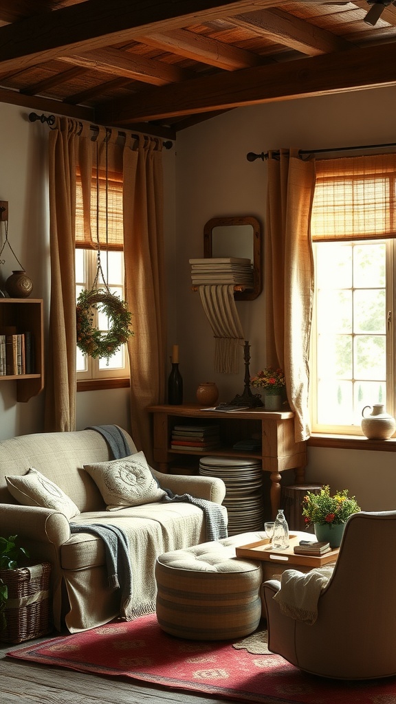 Cozy rustic farmhouse living room with soft curtains and natural decor