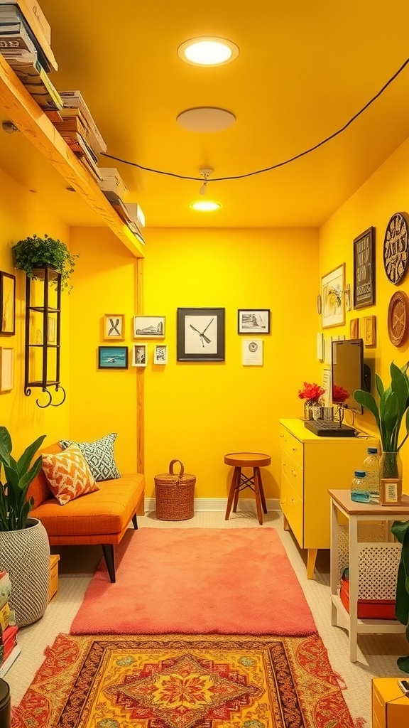 Cozy basement with bright yellow walls, orange couch, and colorful decor