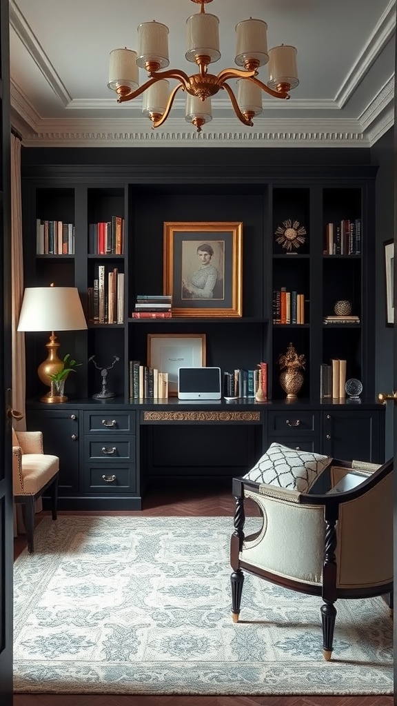 Chic home office with dark cabinetry, a chandelier, and elegant seating