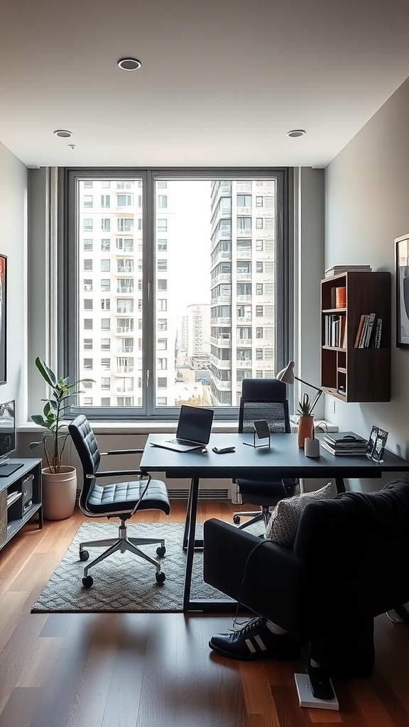 A modern apartment office with a stylish desk, comfortable seating, and large windows overlooking a city view.