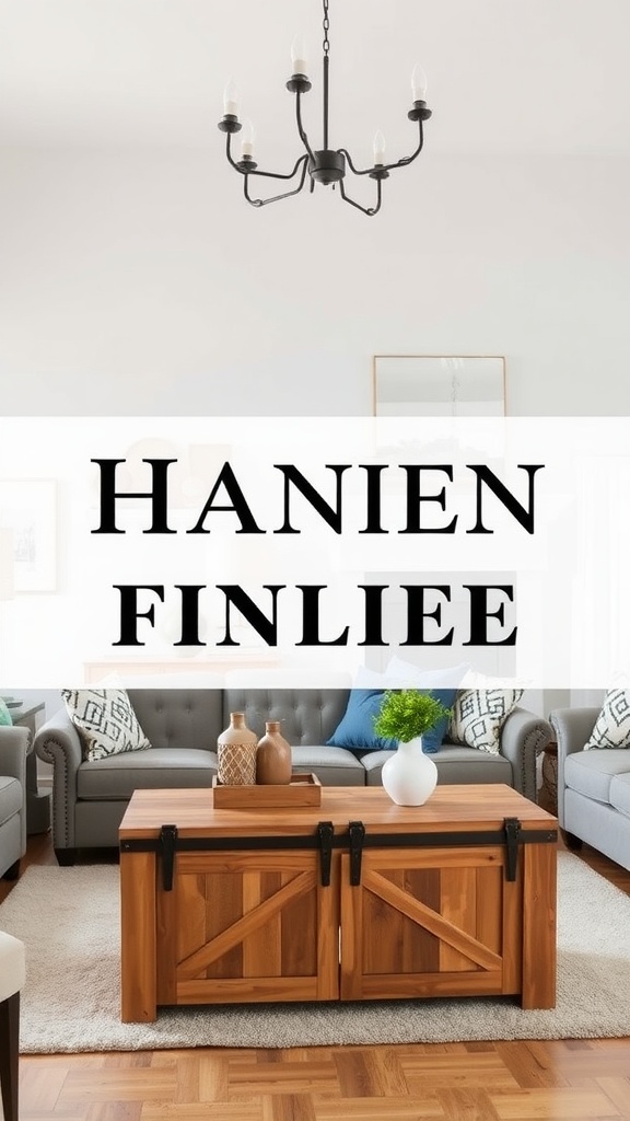 A cozy farmhouse living room with a barn door coffee table, gray sofas, and decorative cushions.
