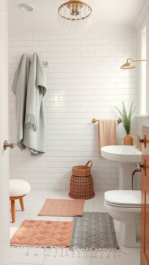 A stylish small transitional bathroom with chic bath mats, soft textiles, and warm colors.