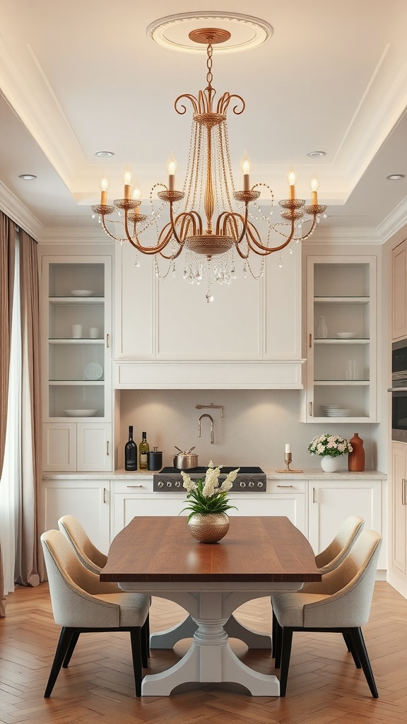 A chic chandelier above a dining table in a modern kitchen