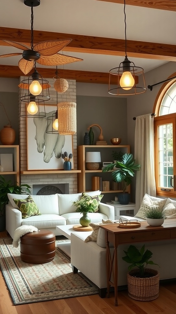Cozy farmhouse living room with various chic lighting fixtures and natural elements.