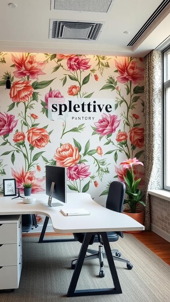 Office space with a floral accent wall featuring pink and orange flowers, modern desk, and stylish chair.