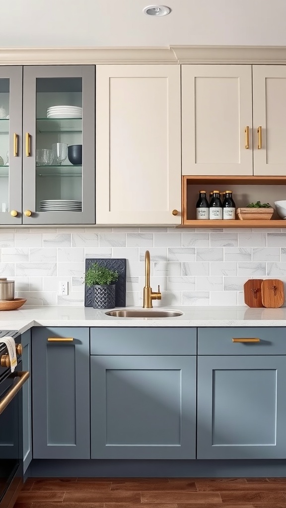 A chic kitchen featuring gray and soft blue two-toned cabinets with gold hardware.