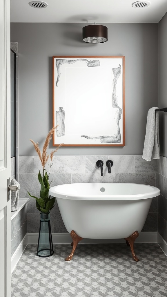 A chic gray wall art piece in a stylish gray and white bathroom featuring a freestanding tub.