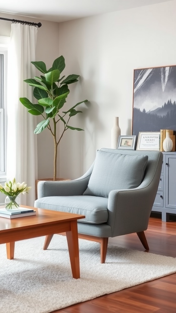 A stylish grey accent chair in a modern farmhouse living room with a wooden table and green plant.