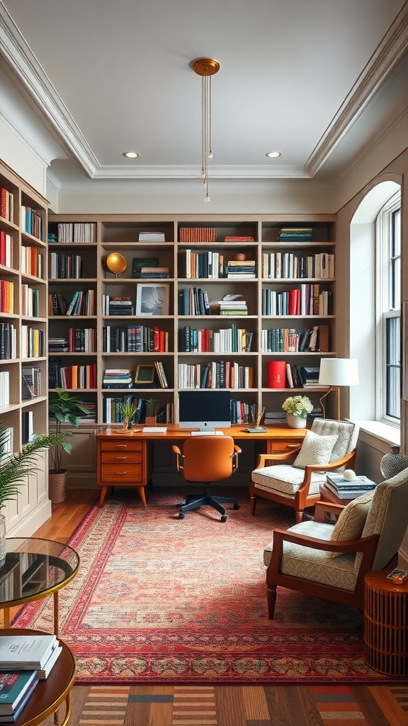 A chic home office library hybrid with built-in bookshelves, a cozy seating area, and a modern desk.