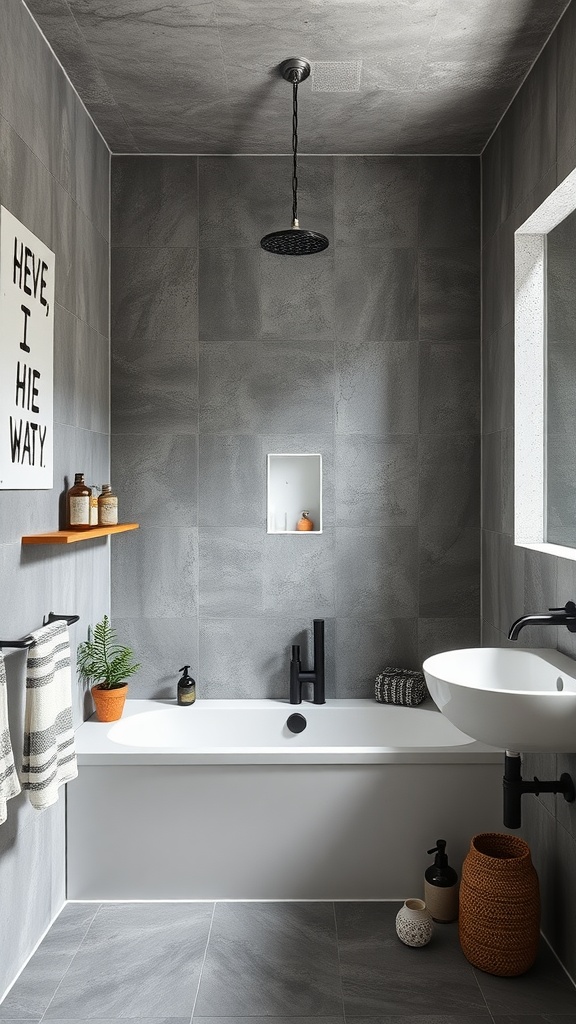 Chic industrial bathroom featuring gray tiles, white bathtub, and modern fixtures.